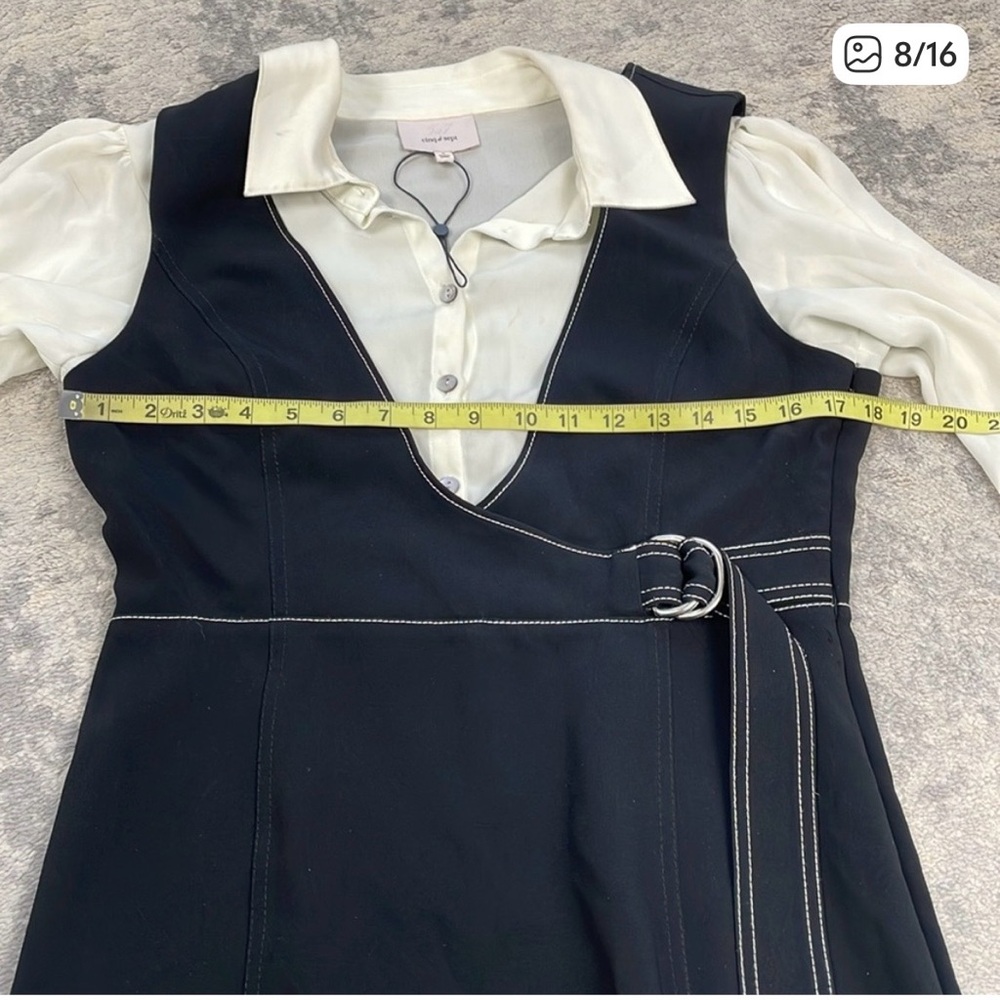 New Cinq a Sept Ambre Belted Midi Combo Crepe Shirt Dress Black White Sz 8 - Picture 8 of 10